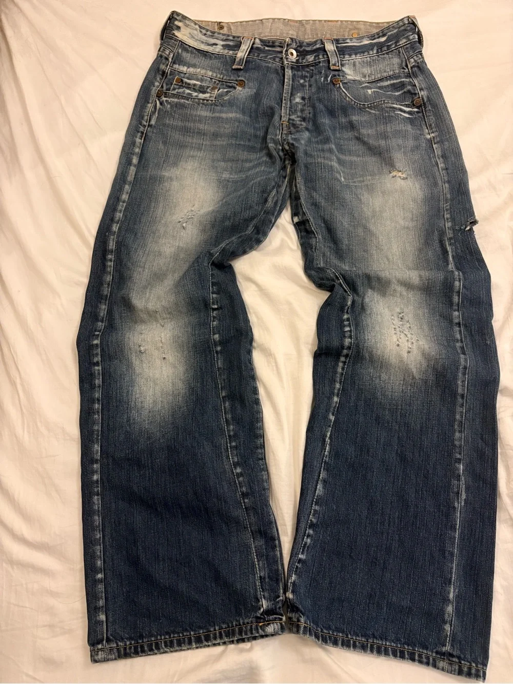 G-Star Raw Men's Blue Distressed Jeans with Orange Logo